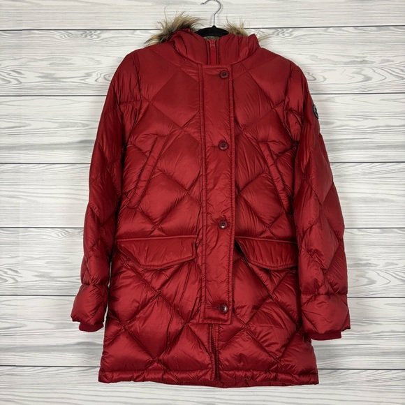 Abercrombie & Fitch Down-Filled Parka Jacket Size XS Raspberry Red Fur Hood - Picture 4 of 16